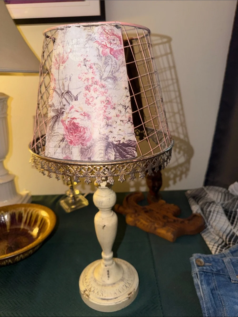 Rustic Brown Wire Mesh Lantern Table Lamp - Unbranded